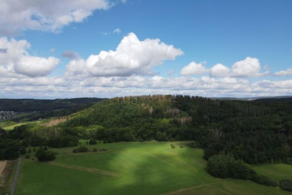 Bewaldete Hügelkuppe über weiten Wiesen und Feldern rund um Langendernbach.